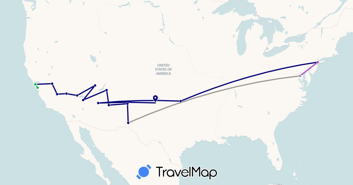 TravelMap itinerary: driving, bus, plane, train in United States (North America)